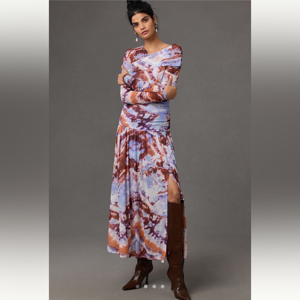 Anthropologie Long Sleeve Printed Shirred Midi Dress
